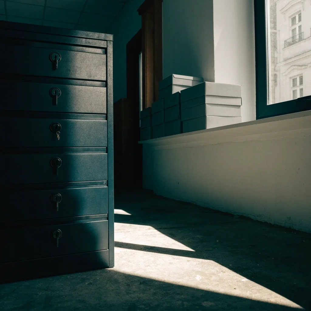 Aktenschrank und Regal in einem ruhigen Büroraum mit Tageslicht
