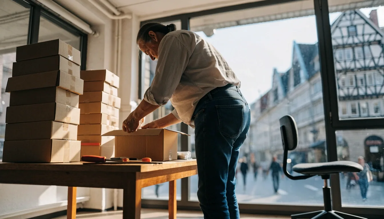 Inhaberin eines kleinen Handelsbetriebs packt Bestellungen am Versandtisch