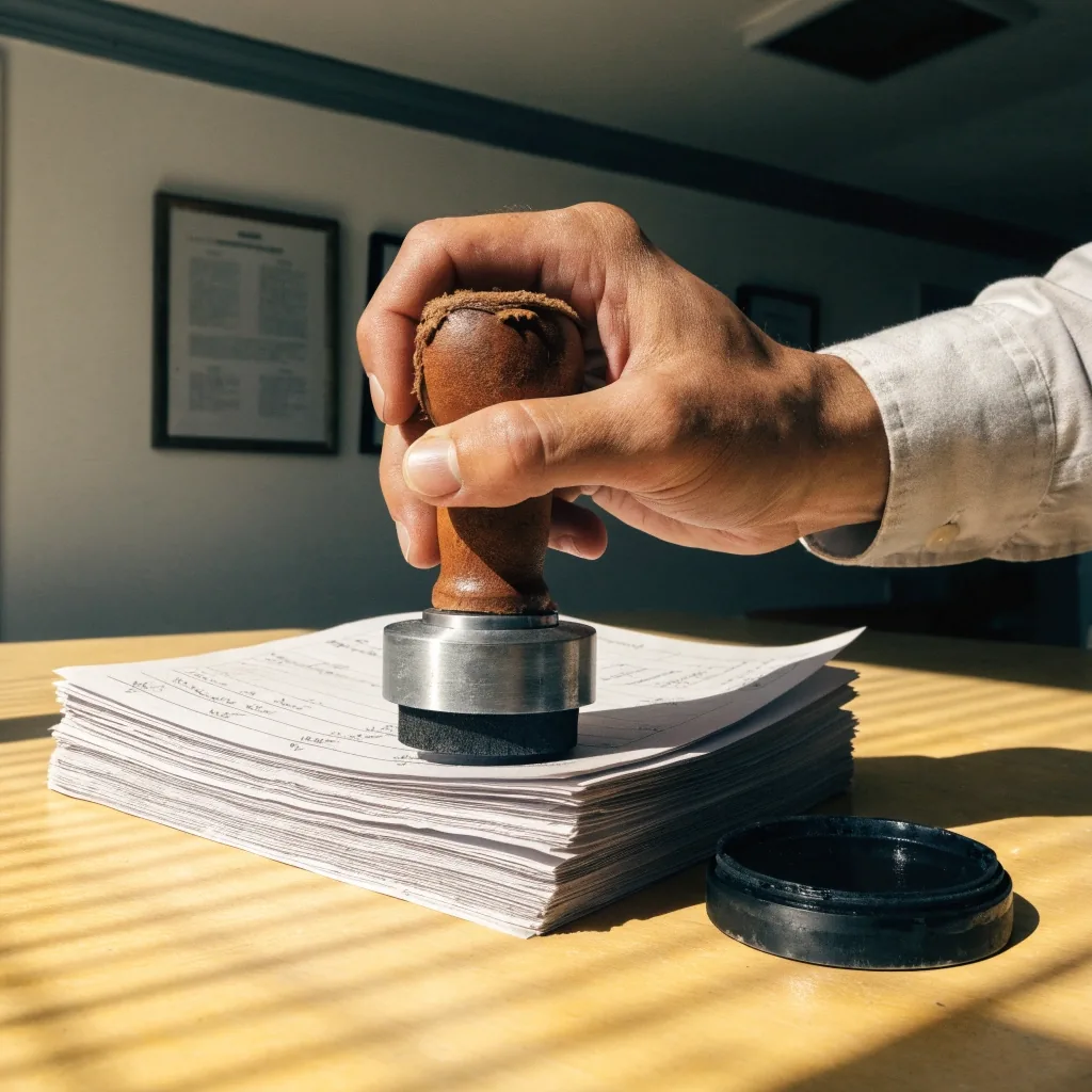 Werkbank mit Stempel, Stempelkissen und einem Stapel linierter Papierbögen im harten Mittagslicht