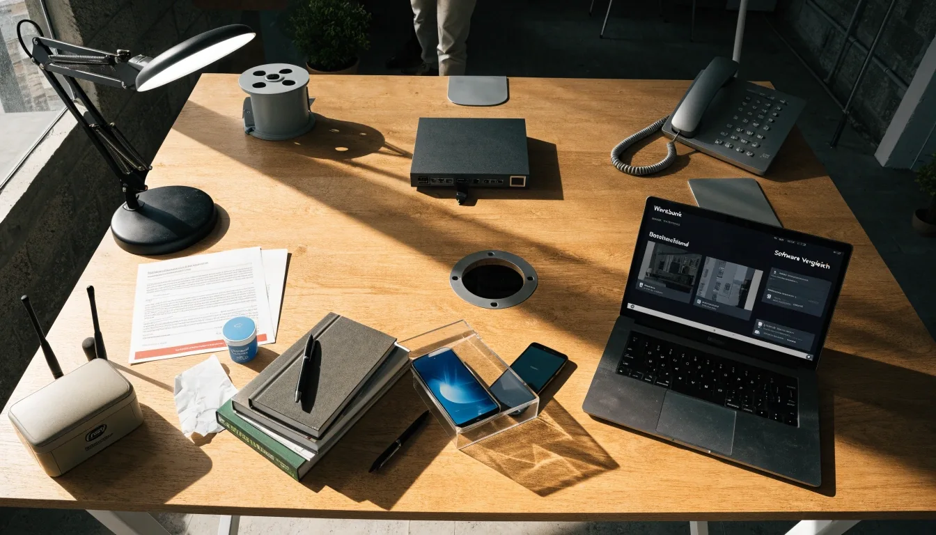 Arbeitsplatz mit Laptop, Tablet und ausgedruckten Software-Vergleichsunterlagen auf einem Tisch